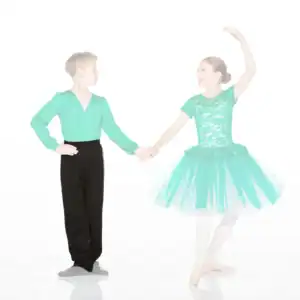 Young dancers holding hands in turquoise costumes