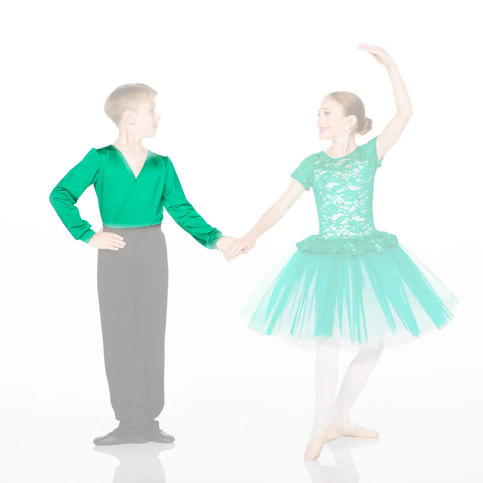 Boy and ballerina holding hands in green costumes