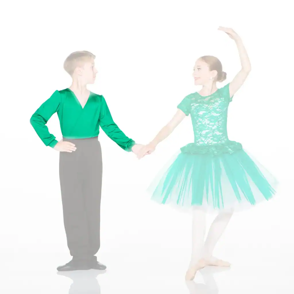 Two dancers holding hands, wearing green costumes