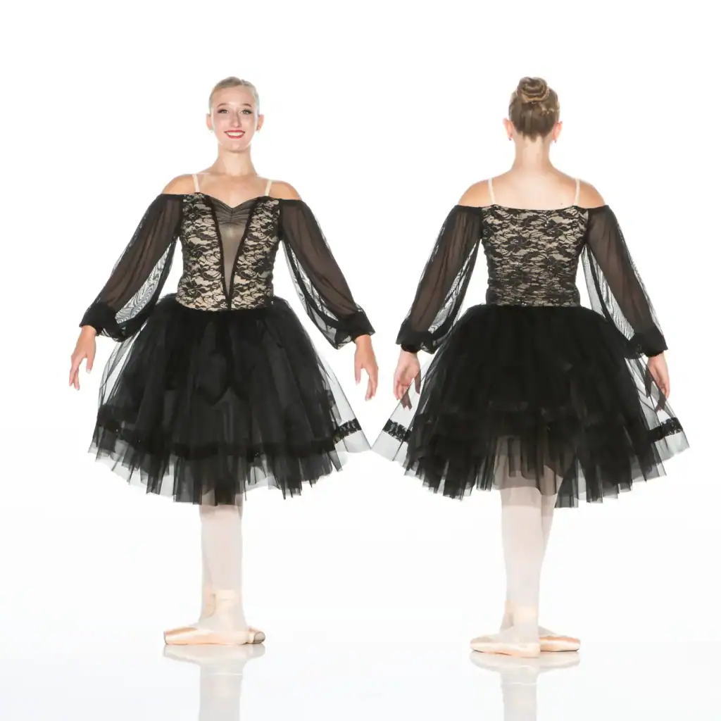 Front and back views of black lace ballet costume