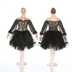 Front and back views of black lace ballet costume
