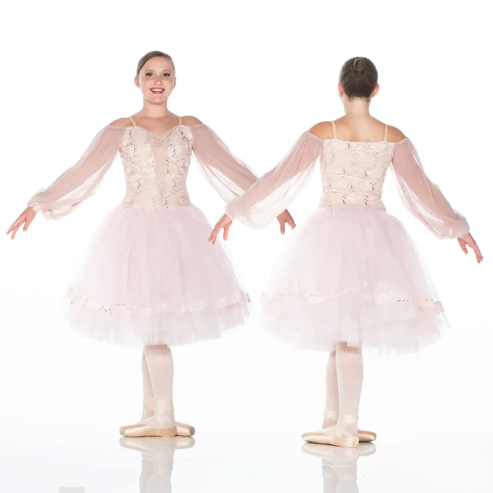 Front and back views of pink ballet costume