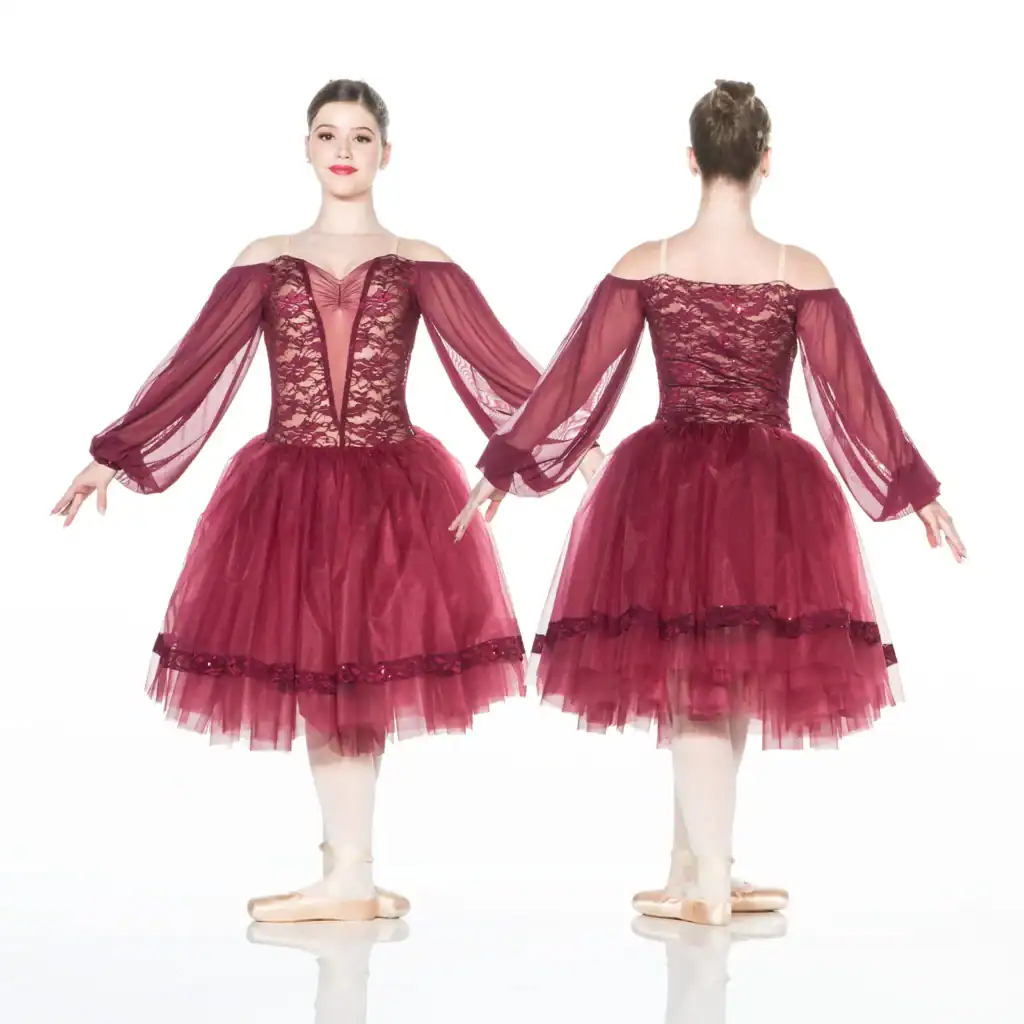 Front and back views of burgundy lace ballet costume