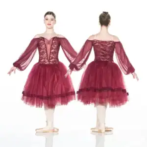 Front and back views of burgundy lace ballet costume