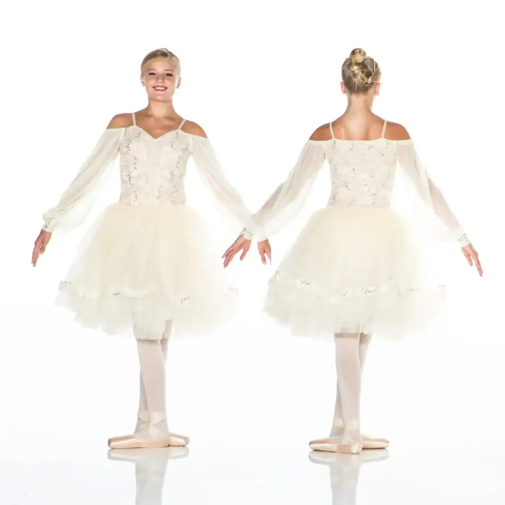 Front and back views of white ballet costume