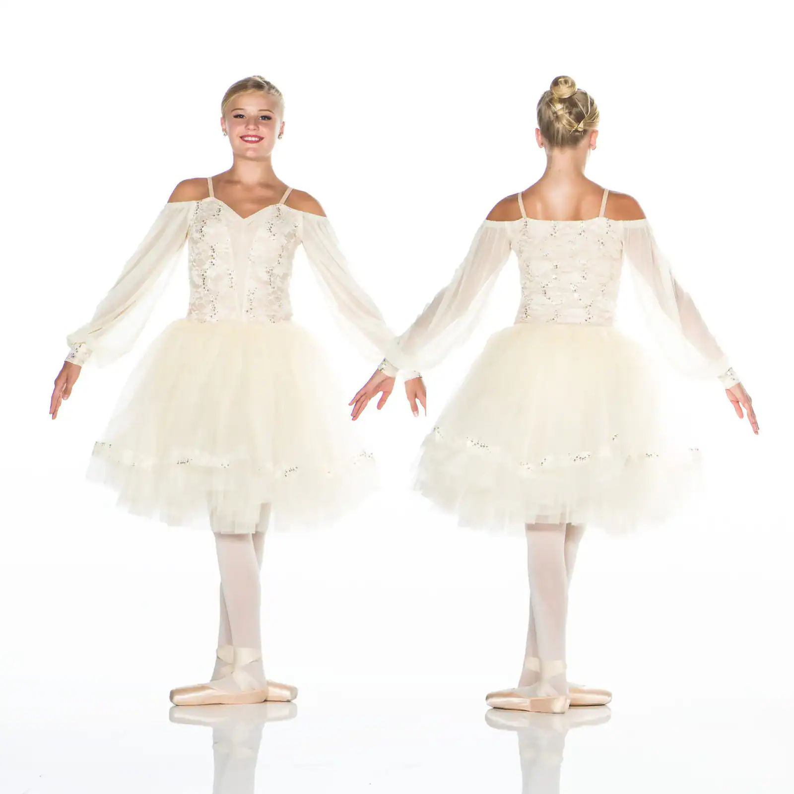 Front and back views of white ballet costume