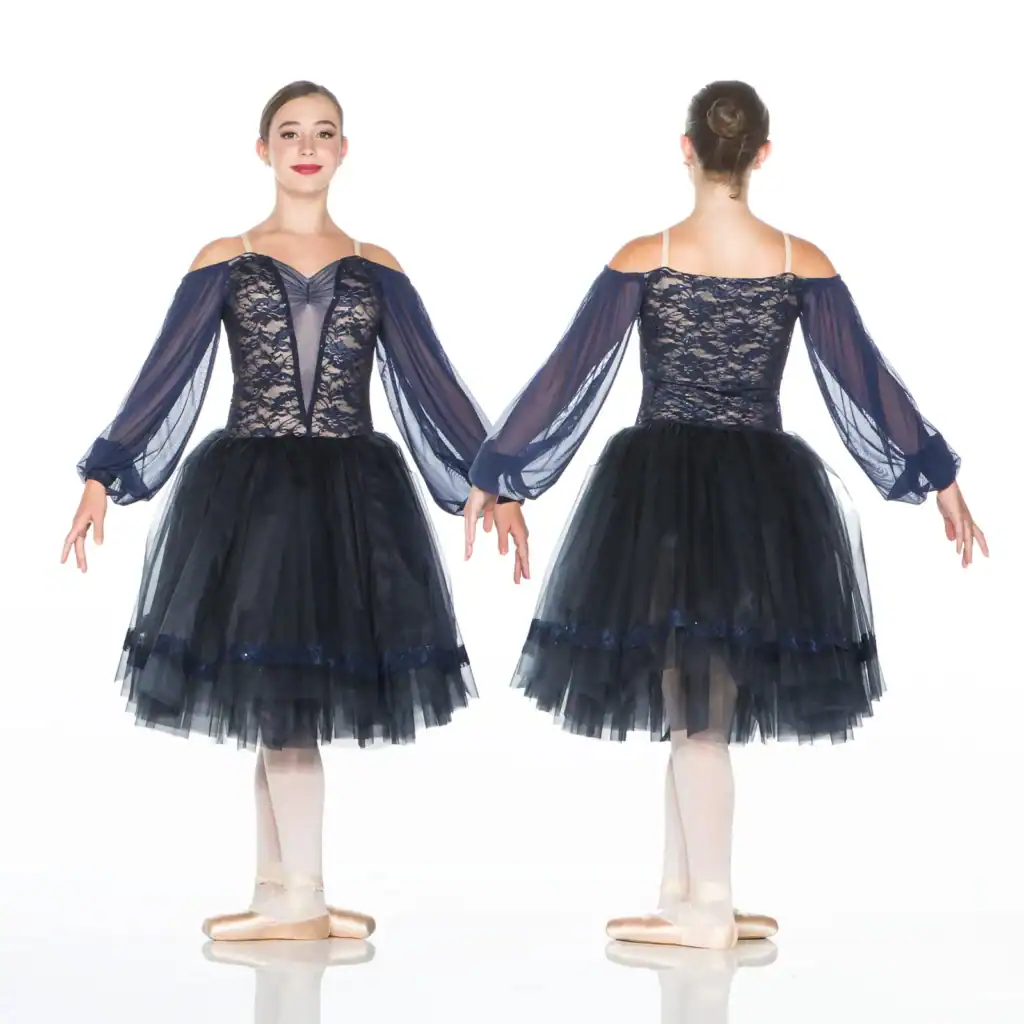Front and back views of navy lace ballet costume