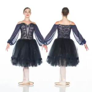 Front and back views of navy lace ballet costume