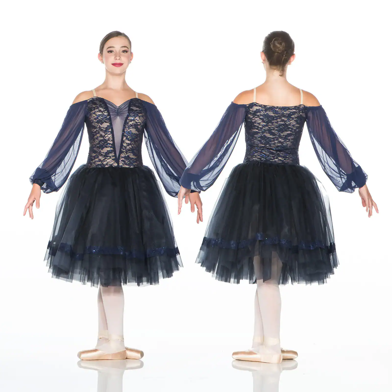 Front and back views of navy lace ballet costume