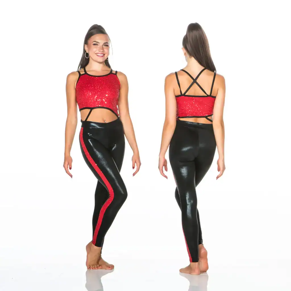 Model wearing red sequined crop top and black leggings