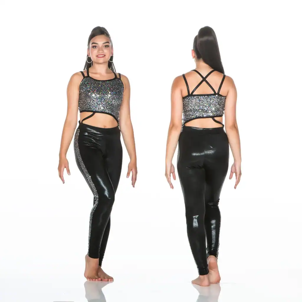Front and back views of sparkly black dance outfit