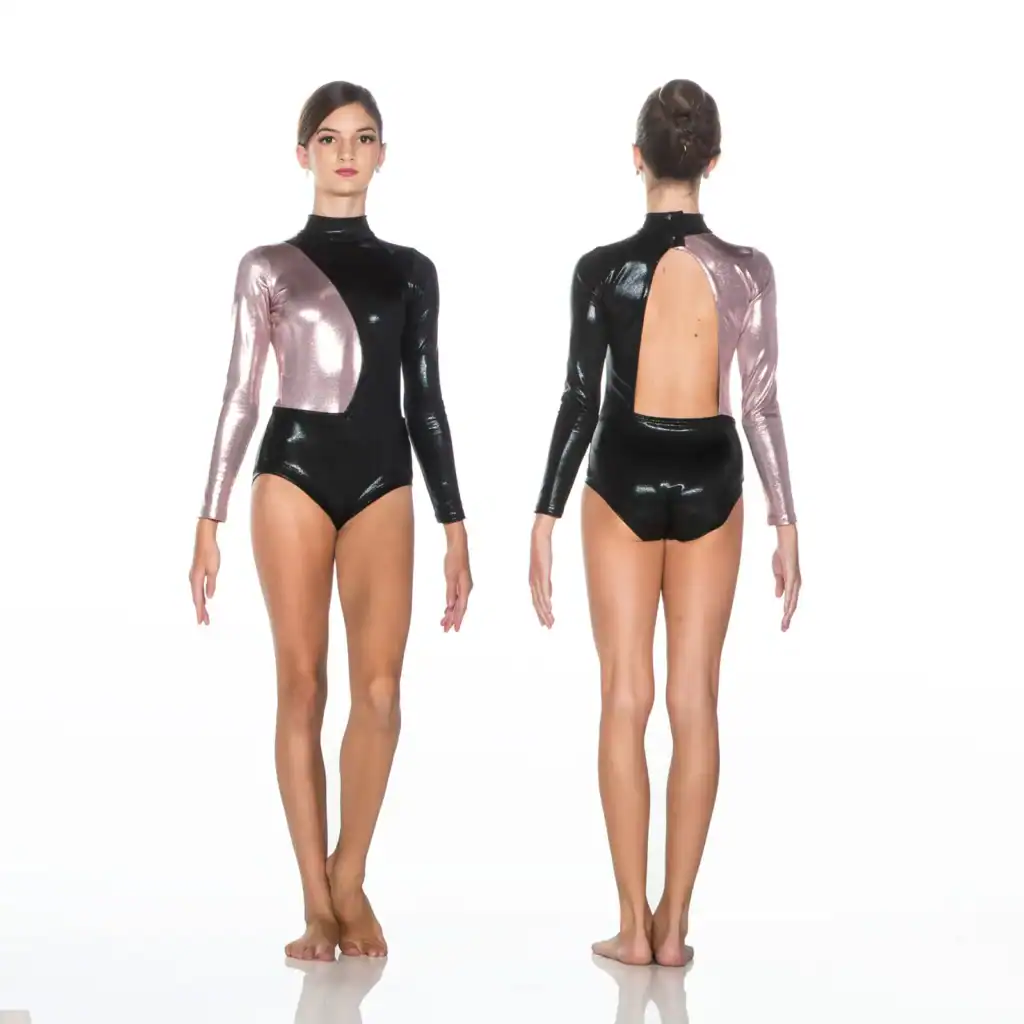 Front and back views of black and pink metallic leotard