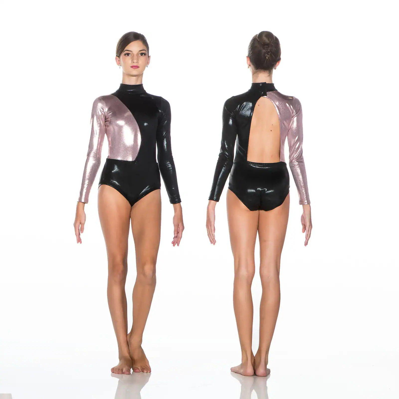 Front and back views of black and pink metallic leotard