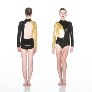 Front and back views of black and gold leotard