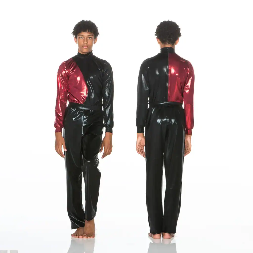 Front and back views of red and black dance costume