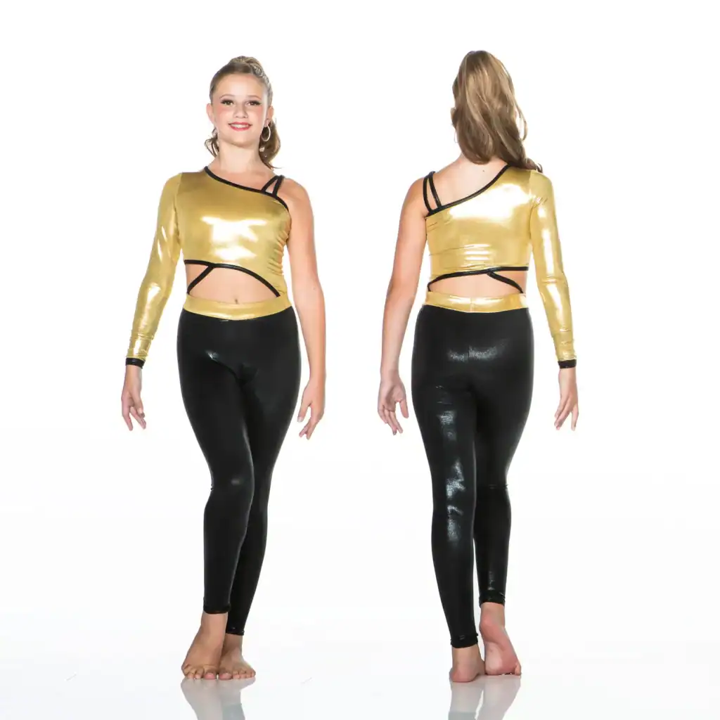 Front and back views of gold dance top and black leggings
