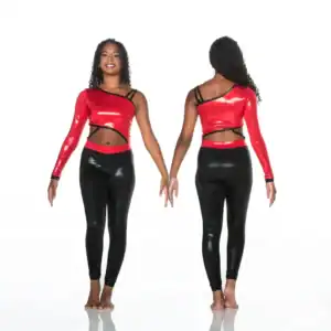 Front and back views of red crop top and black leggings