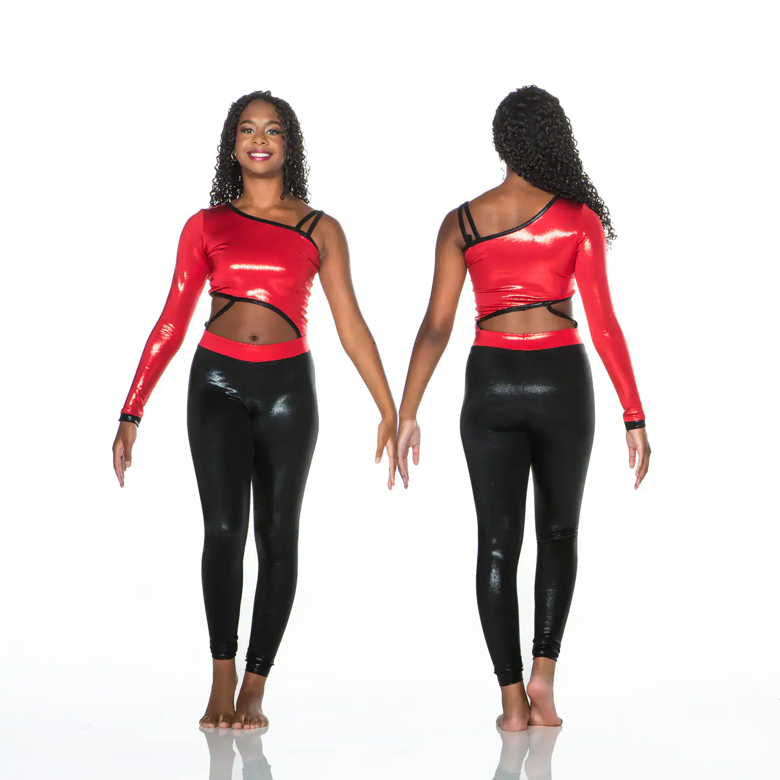Front and back views of red crop top and black leggings