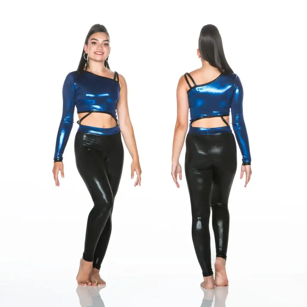 Model wearing metallic blue one-sleeve crop top and black leggings