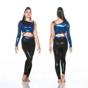 Model wearing metallic blue one-sleeve crop top and black leggings