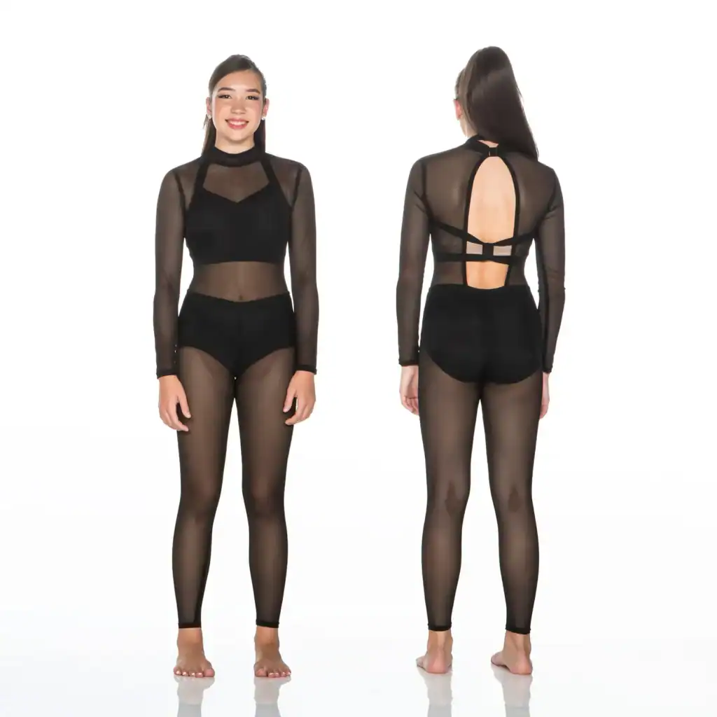 Front and back views of black sheer mesh bodysuit
