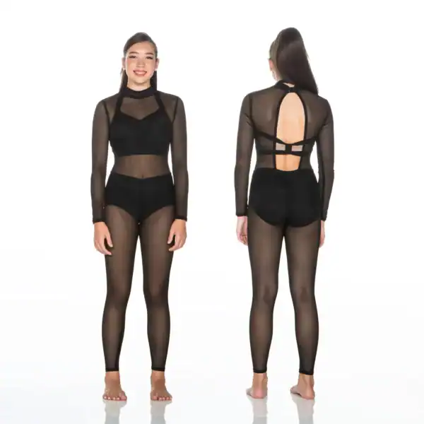 Front and back views of black sheer mesh bodysuit