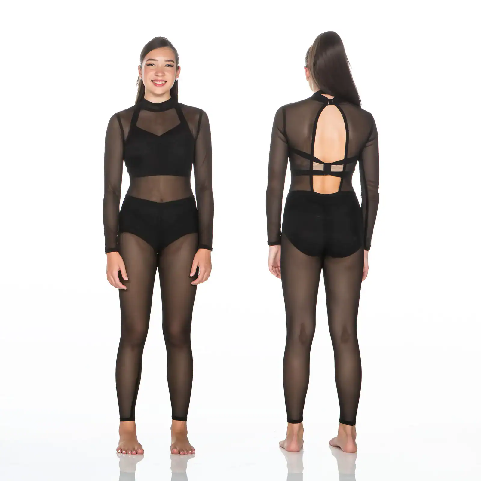 Front and back views of black sheer mesh bodysuit