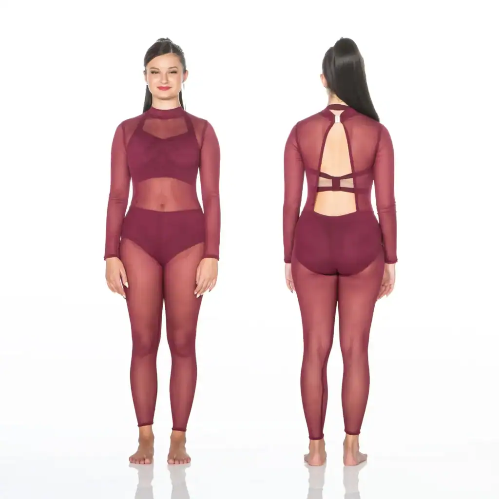 Front and back views of burgundy sheer dance costume