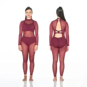 Front and back views of burgundy sheer dance costume