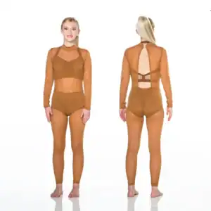 Front and back views of dancer in brown costume
