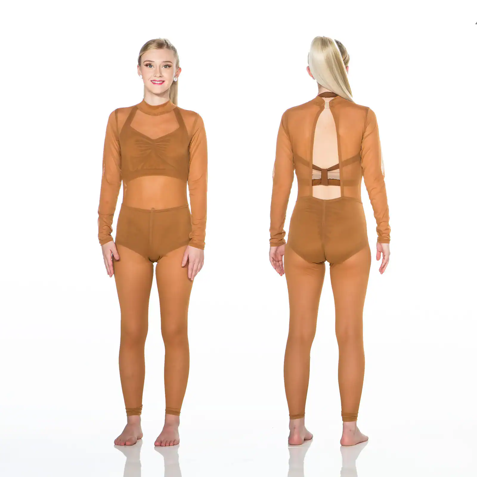 Front and back views of dancer in brown costume