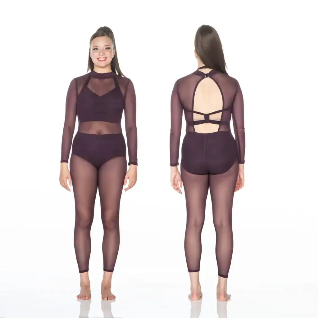 Front and back views of woman wearing sheer black dancewear.