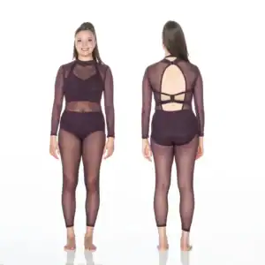 Front and back views of woman wearing sheer black dancewear.