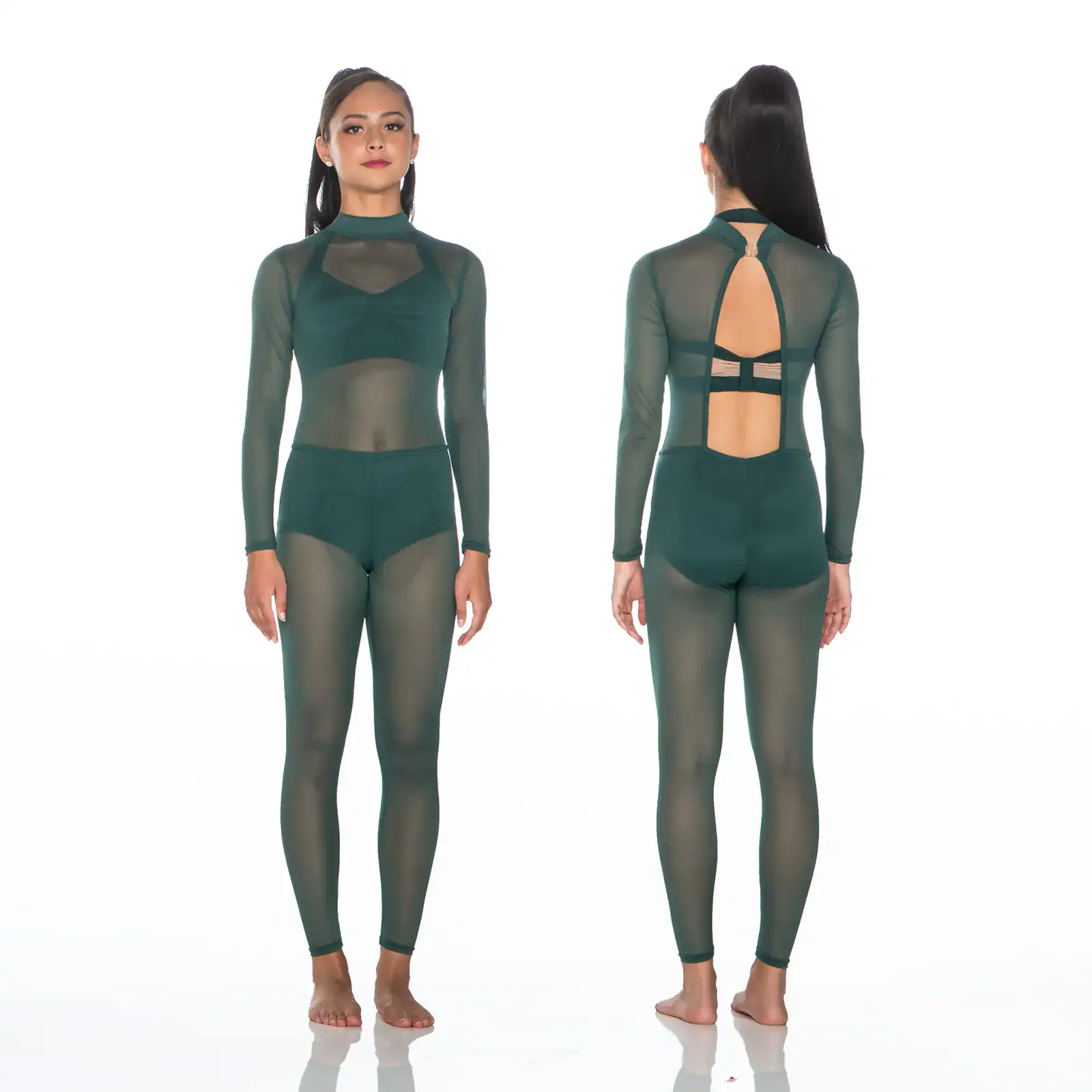 Front and back views of dark green sheer dance unitard