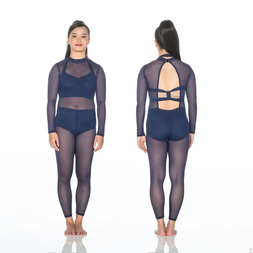 Front and back views of navy sheer dance costume