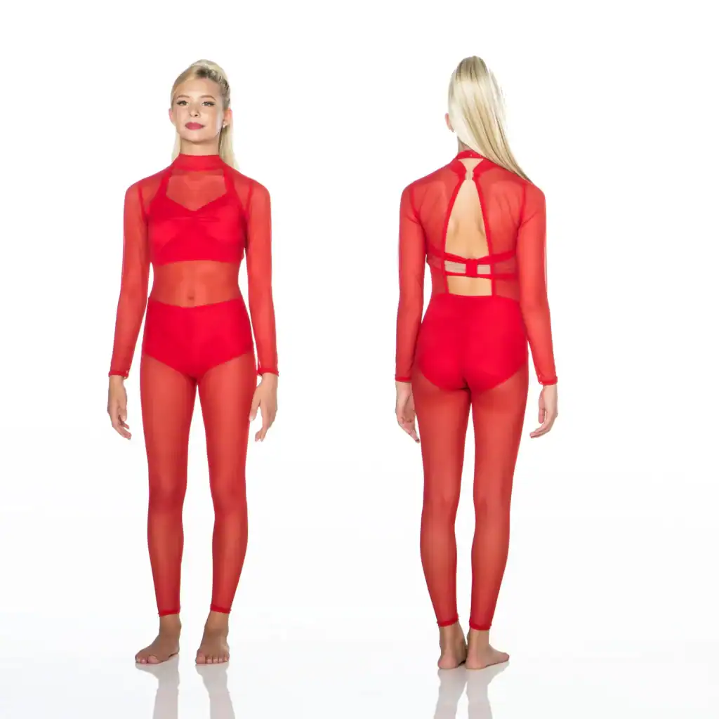 Front and back views of red sheer dance costume