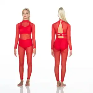 Front and back views of red sheer dance costume