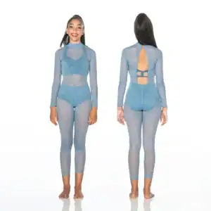 Front and back views of blue sheer dance costume