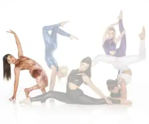 Five dancers performing acrobatic poses against a white background