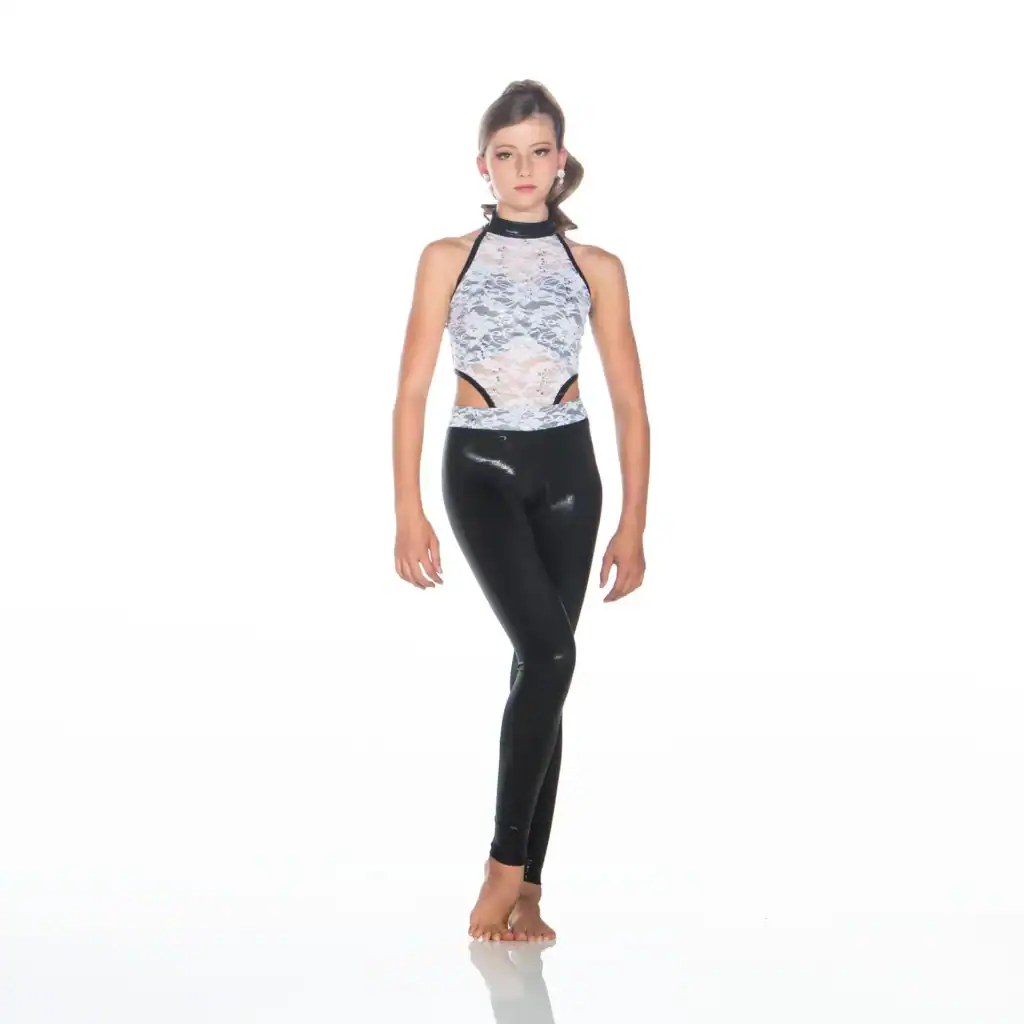 Young dancer wearing lace halter top and black leggings