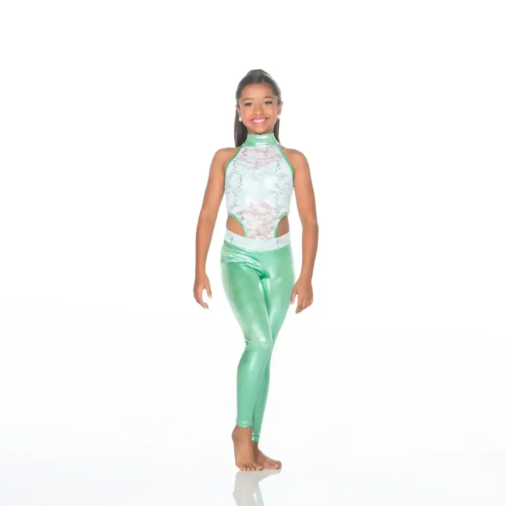 Young dancer wearing a mint green costume against white background