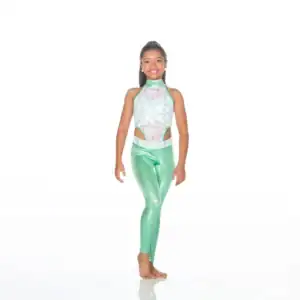 Young dancer wearing a mint green costume against white background