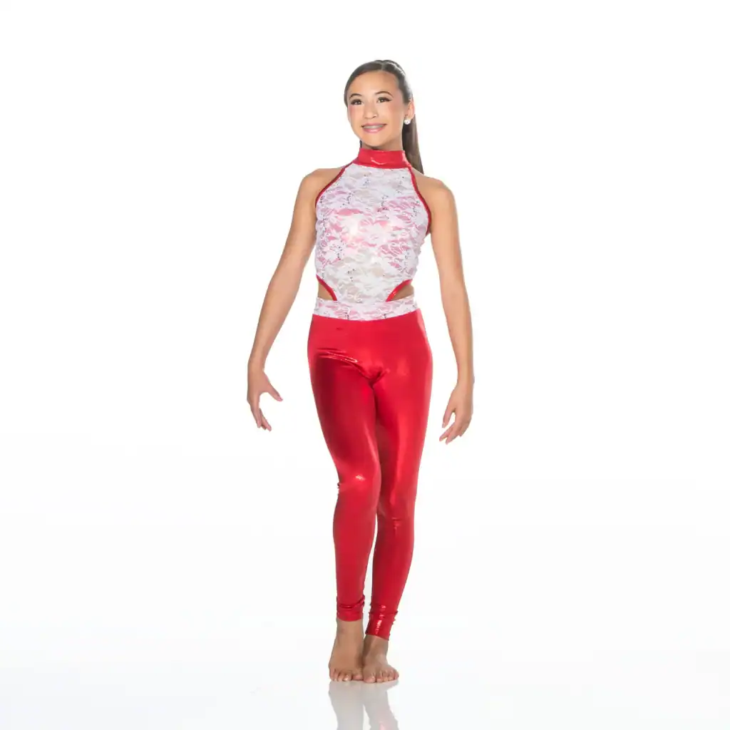 Girl wearing red leggings and white lace dance costume