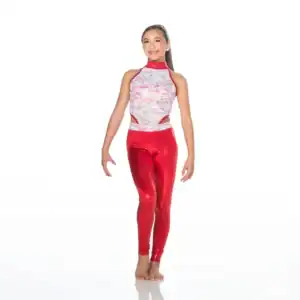 Girl wearing red leggings and white lace dance costume