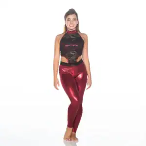 Woman wearing burgundy leggings and black lace dance top