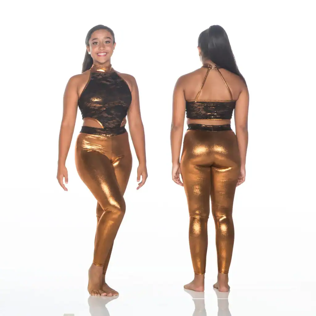Front and back views of dancer in bronze costume