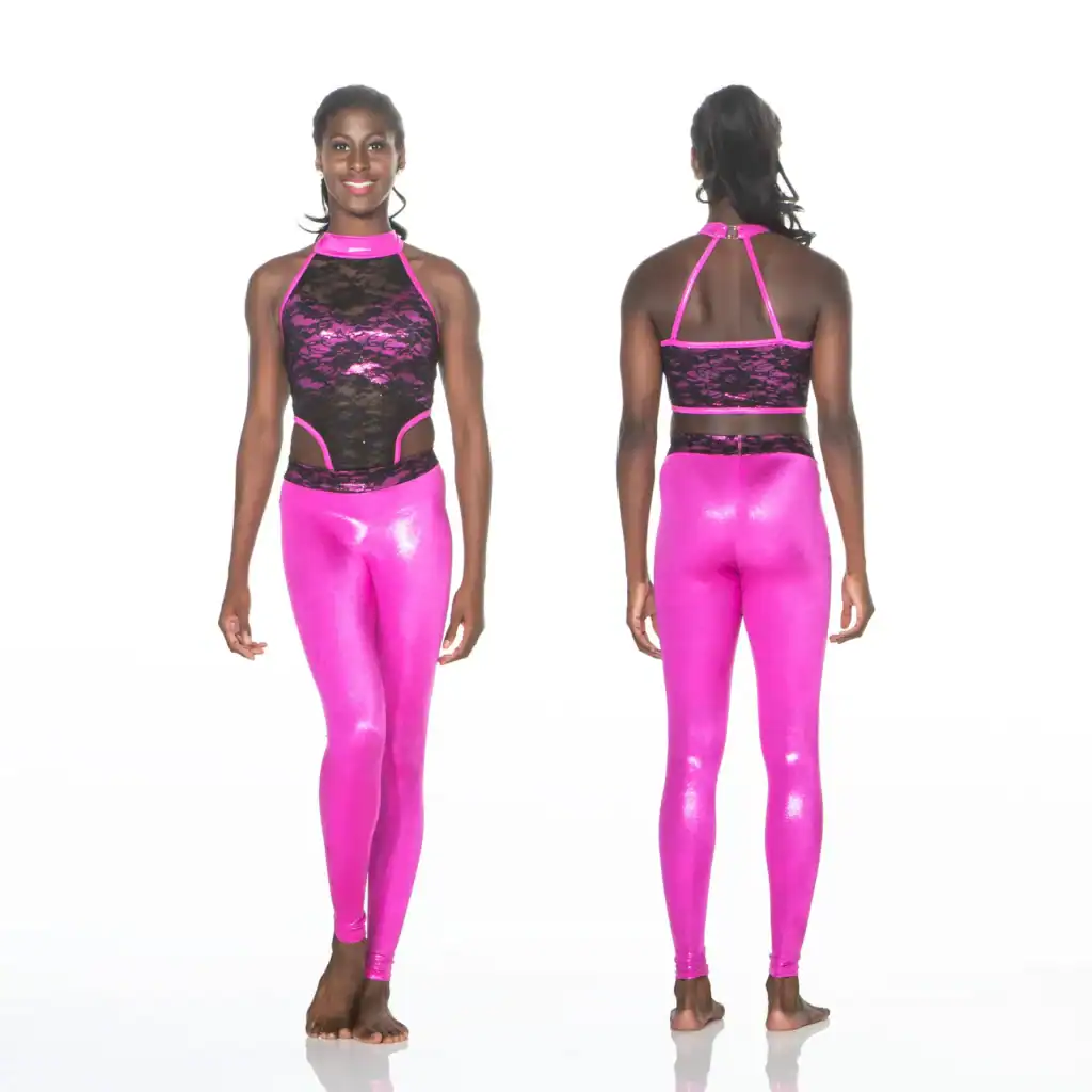 Front and back views of pink dancewear outfit