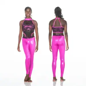 Front and back views of pink dancewear outfit
