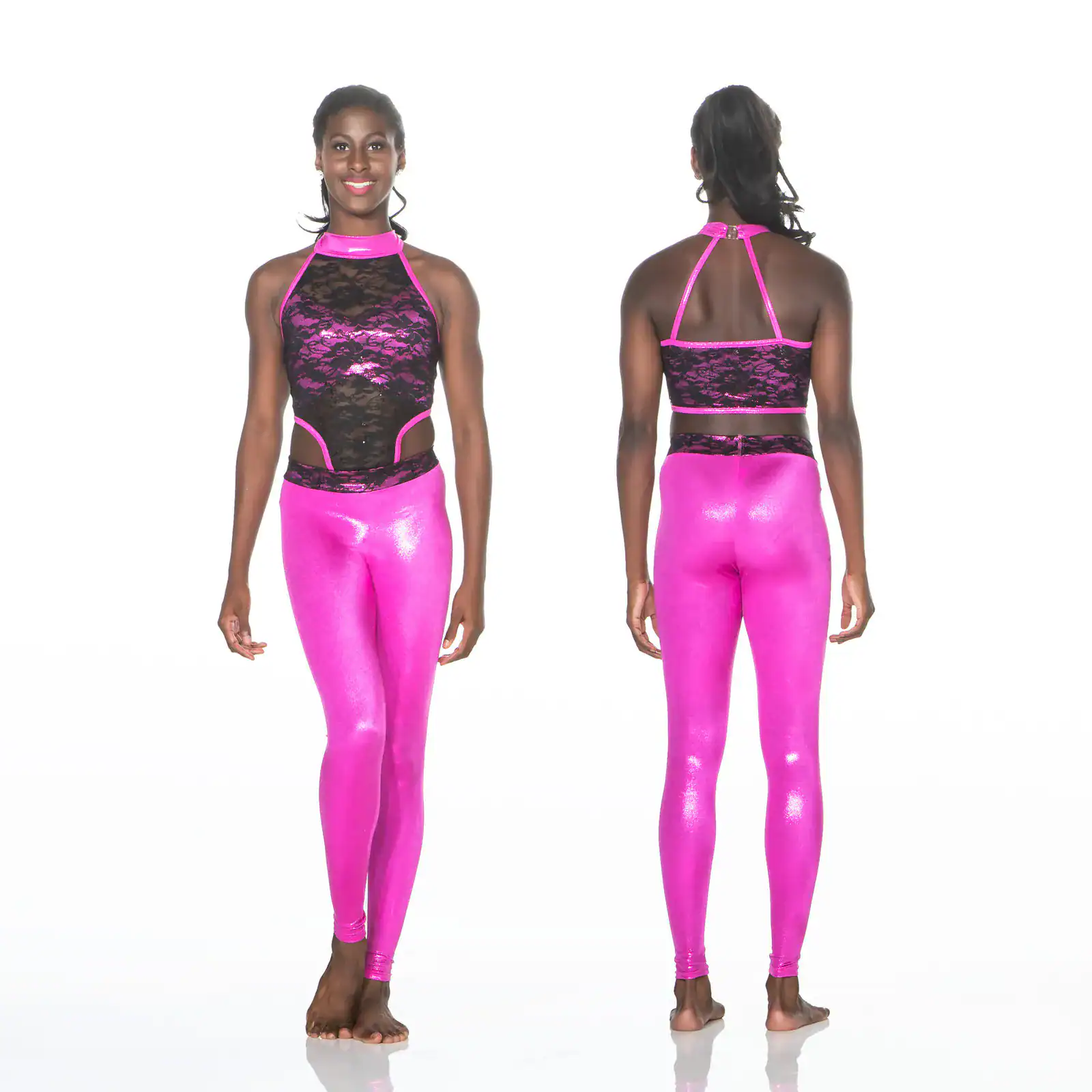 Front and back views of pink dancewear outfit