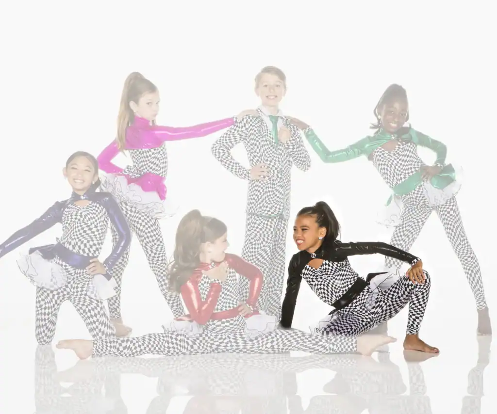 Five young dancers in colorful checkered costumes posing together